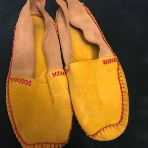 Mustard, tan and red suede slip ons